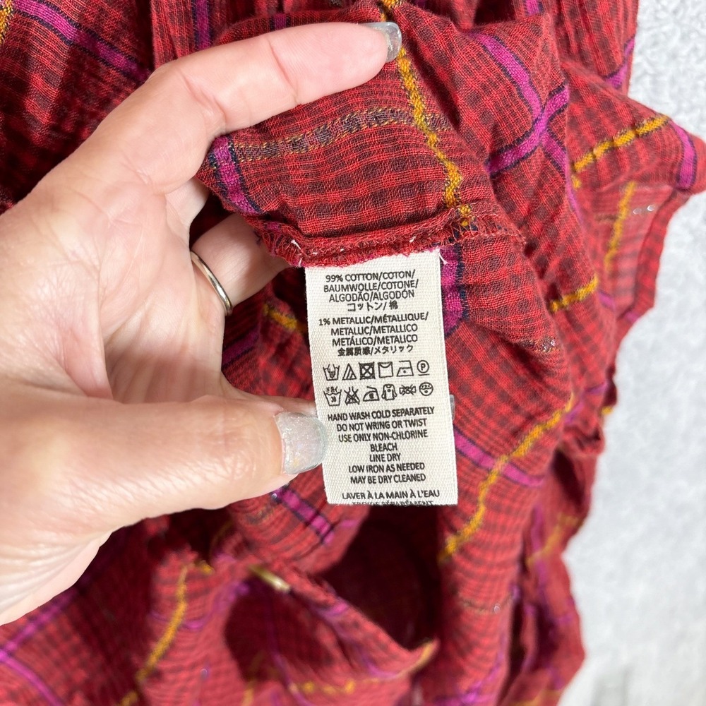 Free People Break My Stride Button Down Top Size L Red Plaid Metallic Stripe - Picture 7 of 8